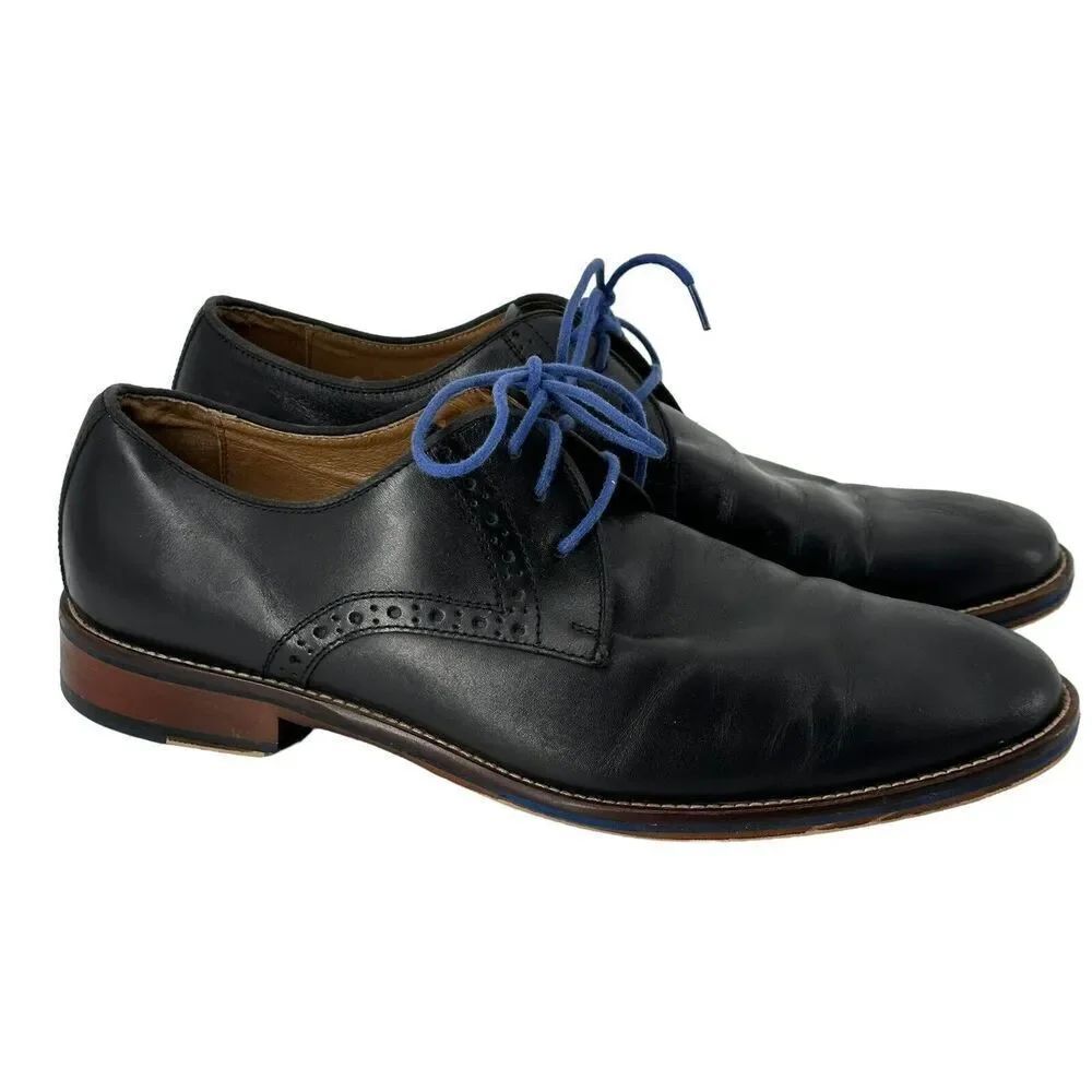 Johnston Murphy Oxford Shoes Conrad Plain Toe Black Leather Blue Detail Men 10.5